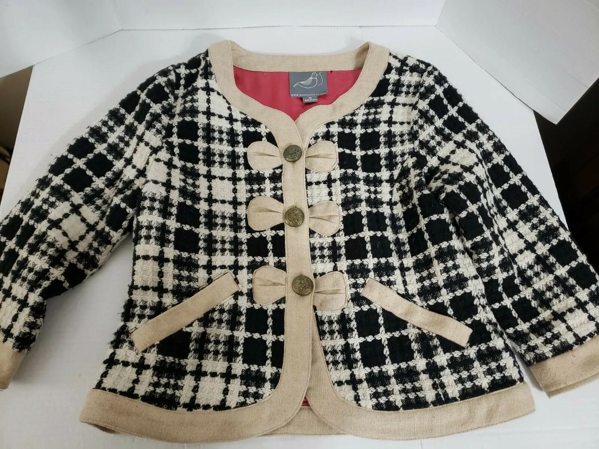 Knitted Dove Womens Jacket Medium Black White Tweed Tan Bow Trim