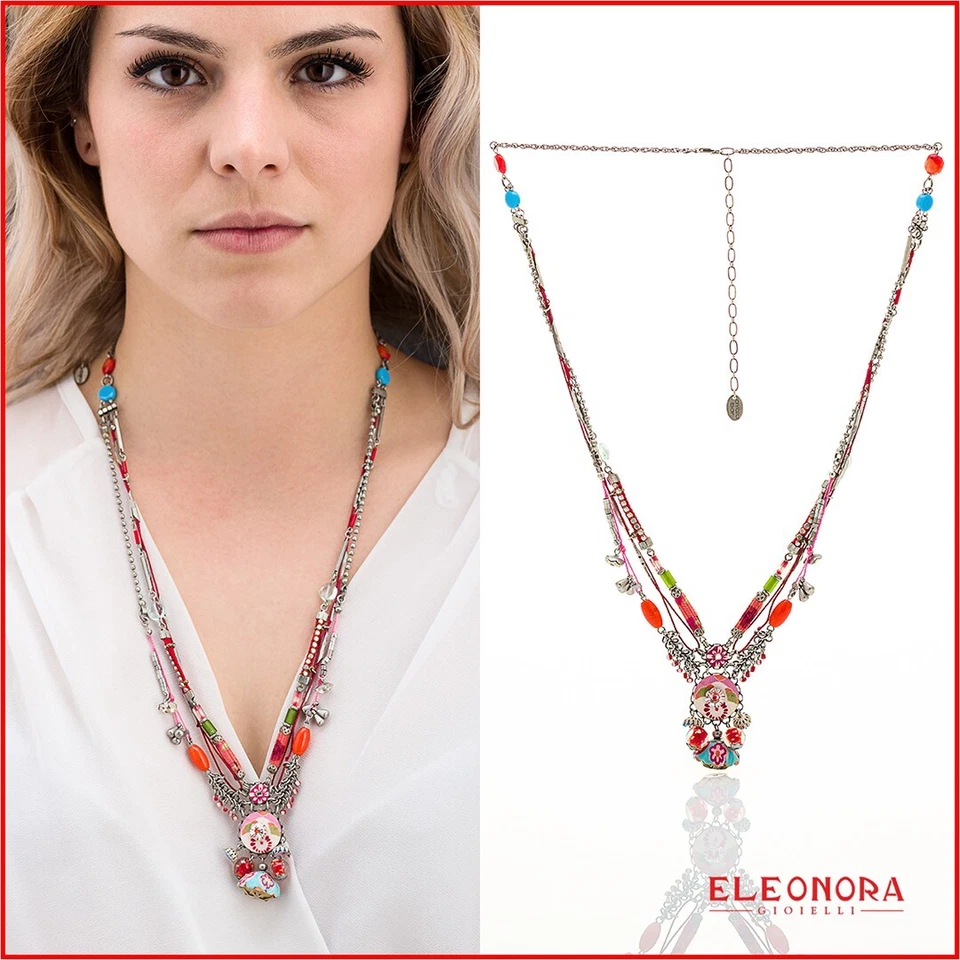 collana da donna in bigiotteria lunga con pietre naturali vetro collanina perle - Immagine 2 di 3