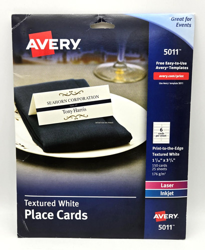 Avery 5011 Textured White Place Cards Print-To-The-Edge Laser Inkjet 102 Cards