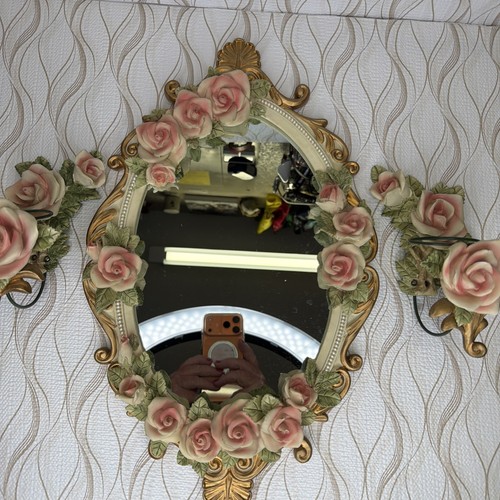 VTG French Country Rose Set Oval Vanity Mirror, Sconces,  Decor Shabby Chic