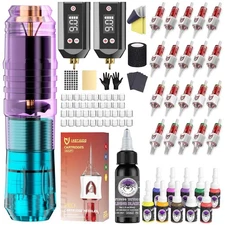 Tattoo Pen Kit Wireless Gun kit with 2Pcs 1500mAh Batteries black 