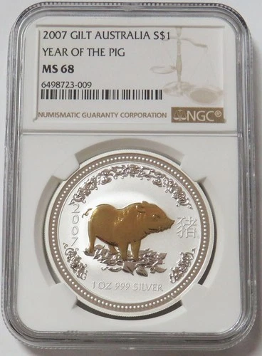 2007 SILVER AUSTRALIA 1 OZ GOLD GILT $1 YEAR OF PIG LUNAR COIN NGC MS 68