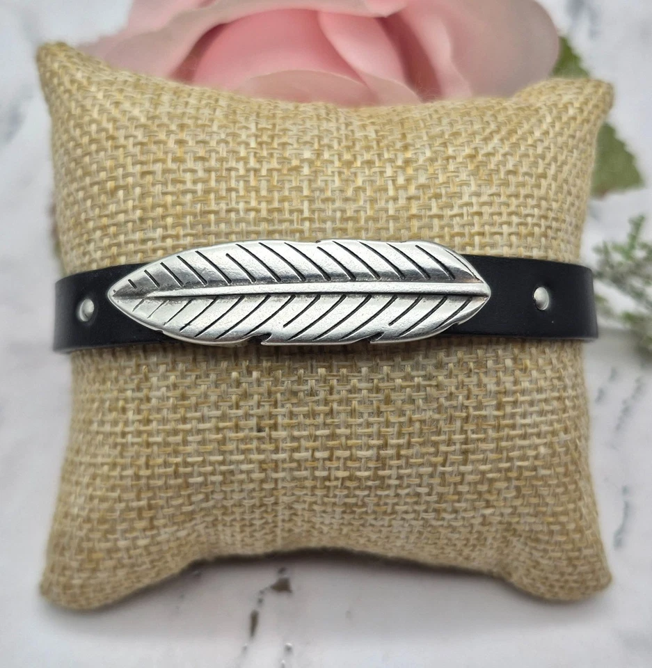 Mens Black Leather Bracelet Silver Tone Feather Slide Charm Punk Magnetic Clasp - Image 3 of 4