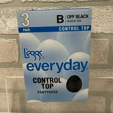 3 Pair Leggs Everyday Control Top Size B Off Black Sheer Toe Pantyhose New