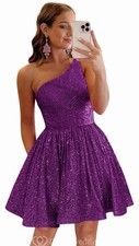 Purple One Shoulder Sleeveless Sequin A Line Dress Cocktail Party