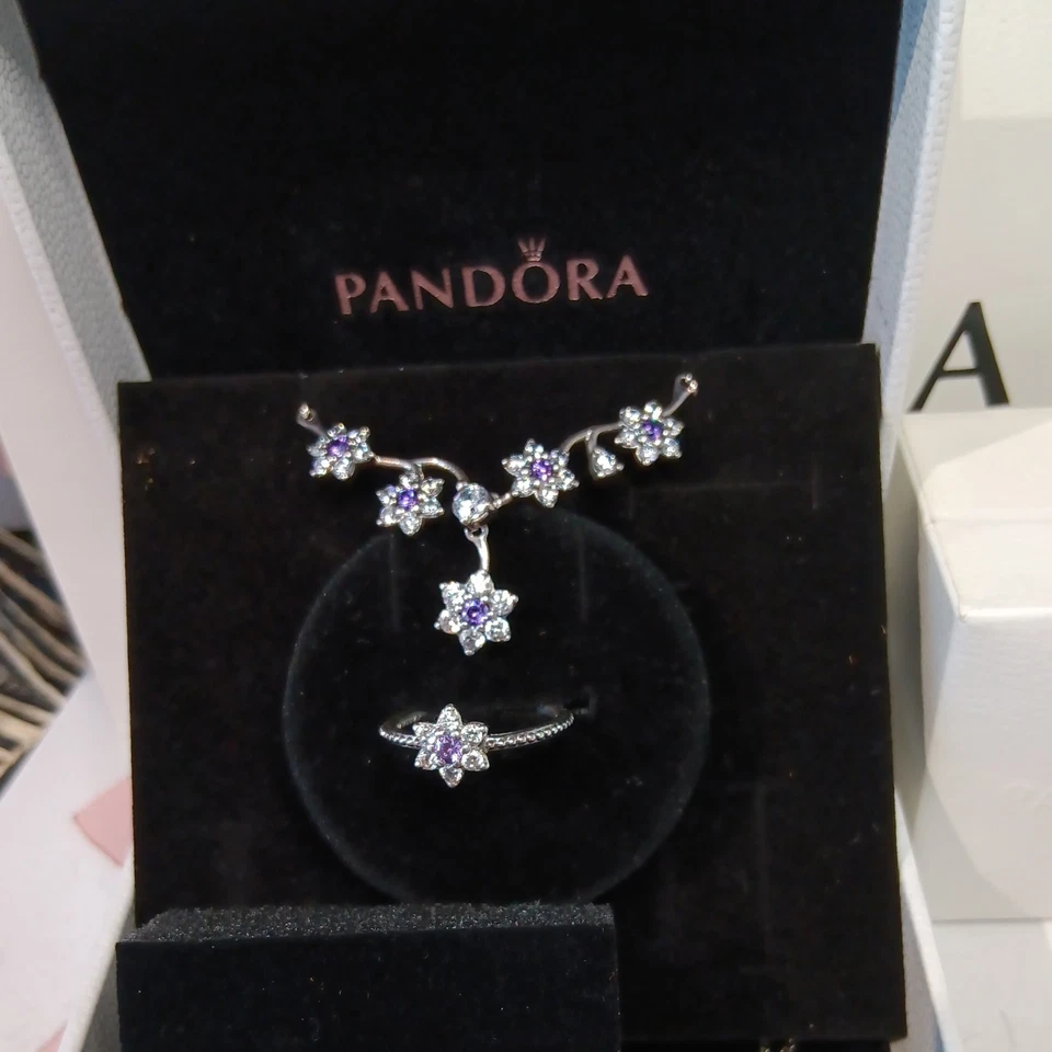 PANDORA Forget Me Not Purple and Clear CZ Flowers silver necklace ring &earrings - Image 3 of 4