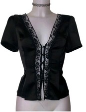 Y2k 90s Womens Victorian Black Mesh Lace Satin Top Sz S/M Whimsigoth Coquette