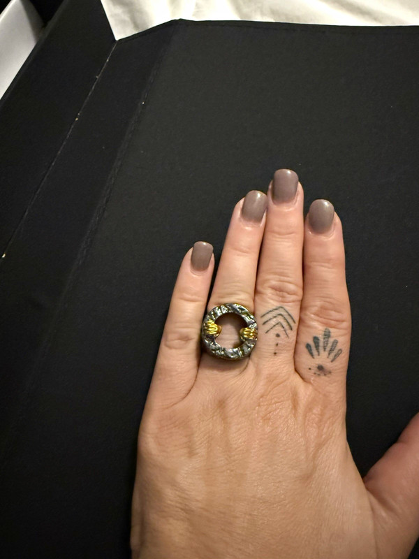 Black & Gold Textured Statement Cocktail Ring Band, Round, Size 7