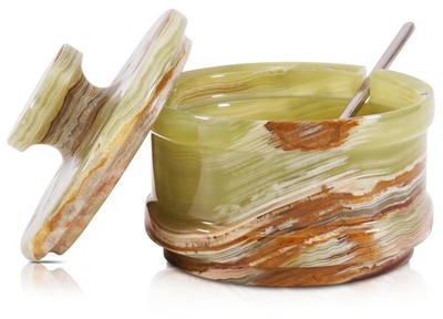 Marble Salt Cellar with Lid 4'' Inch Green Handmade Salt Jar & Table Salt Stor...