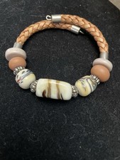 Artisan Beaded Bracelet Tan Braided Leather Cream Brown Glass Beads Boho Style