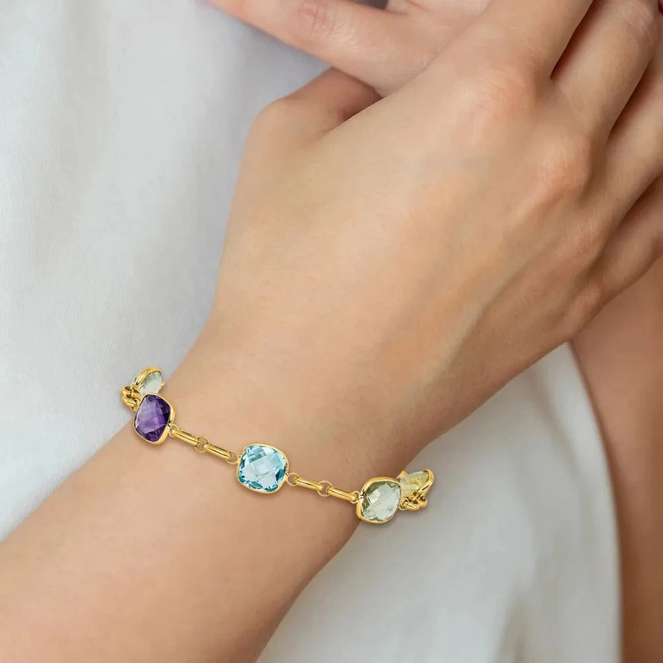 14K Solid Yellow Gold Multi-color Rainbow Tennis Bracelet - Image 2 of 4