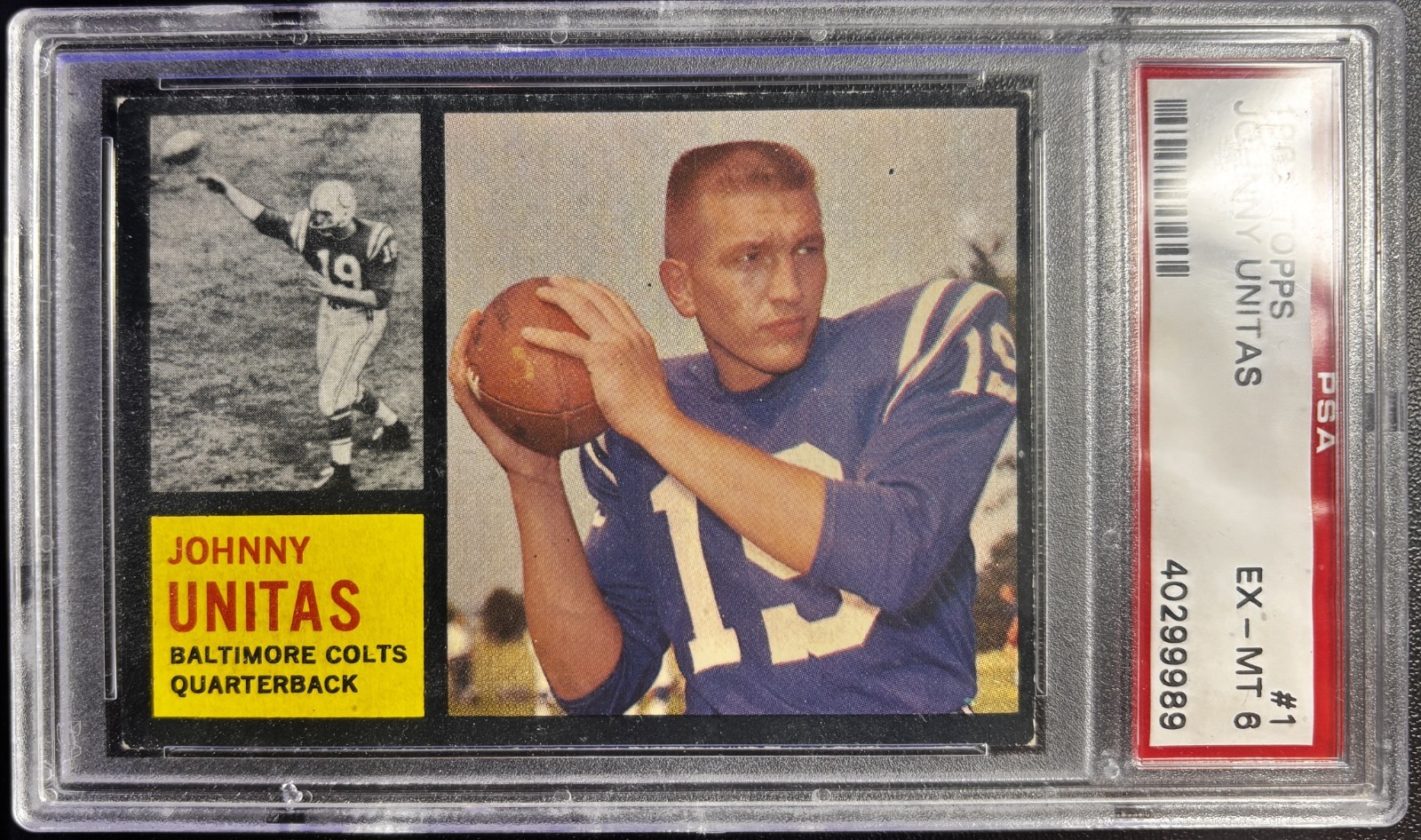 1962 Topps #1 Johnny Unitas Baltimore Colts Hall of Fame HOF PSA 6 EX-MT view 1