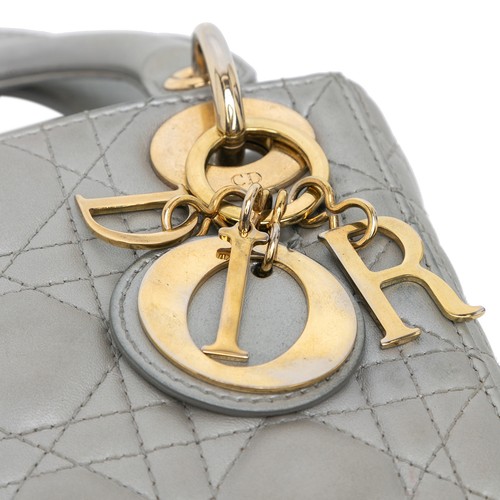 Authenticated Dior Mini Metallic Lambskin Cannage Lady Dior Gray Leather Satchel - Picture 7 of 11