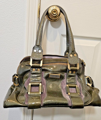 Jimmy Choo Malena Satchel Bag Olive Green Patent Leather Suede Inserts Preowned