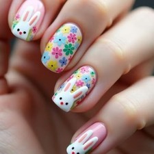 24 Pcs Easter Press on Nails Cute Bunny Flower Design Short Square Fake 35
