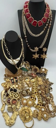Vintage Gold Tone jewelry lot Necklaces Bracelets Earrings Rings Brooches