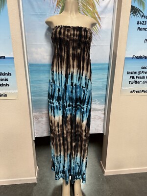 Turquoise Blue Black Brown Tie Dye Plus Sized Strapless Smocked Dress XXL 2x 3x