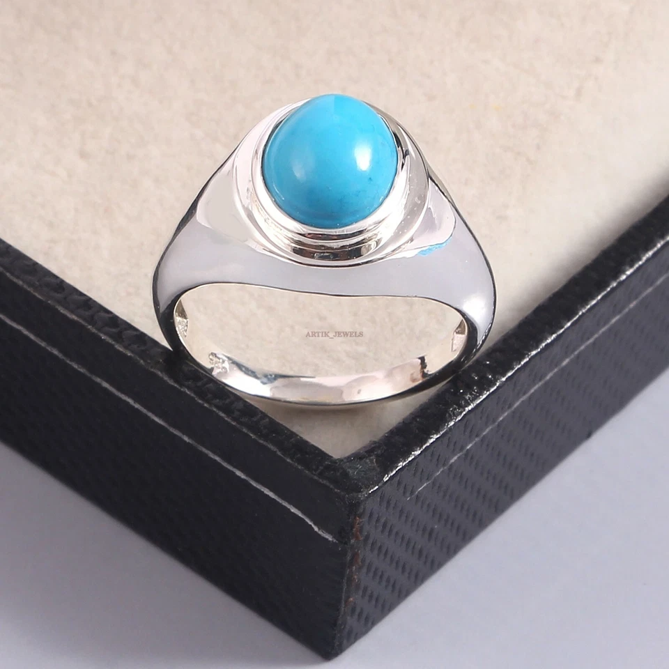 Piedra preciosa turquesa natural con anillo de plata enchapado en oro blanco de 14K para hombre #163 Foto 2 de 4