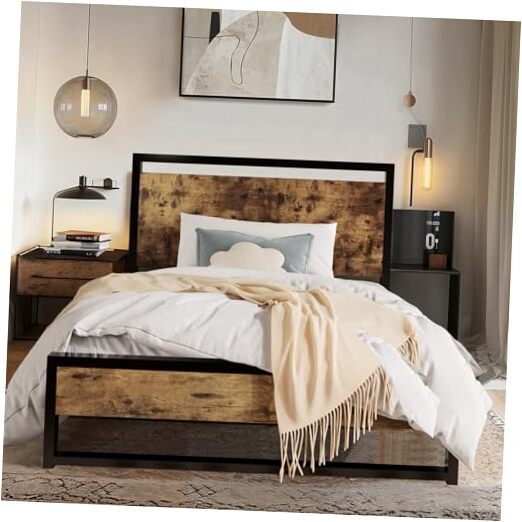 **Sturdy Rustic Metal Twin Bed Frame with Headboard & Footboard**  -image