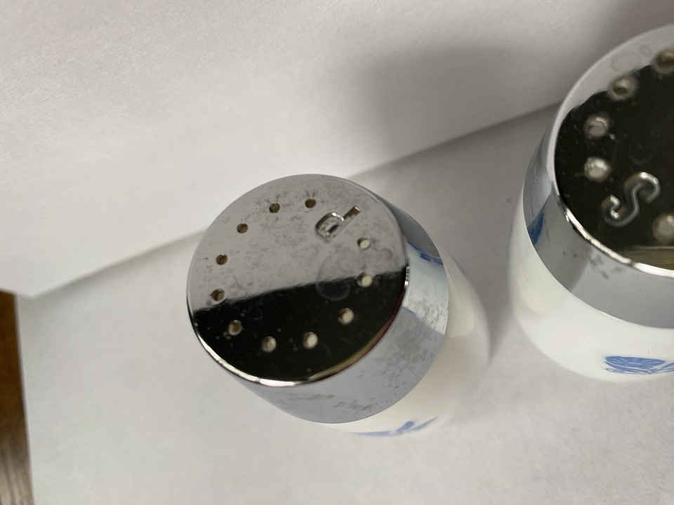 Vintage Dispensers Inc Salt & Pepper Shakers Blue Flower 3" Milk Glass