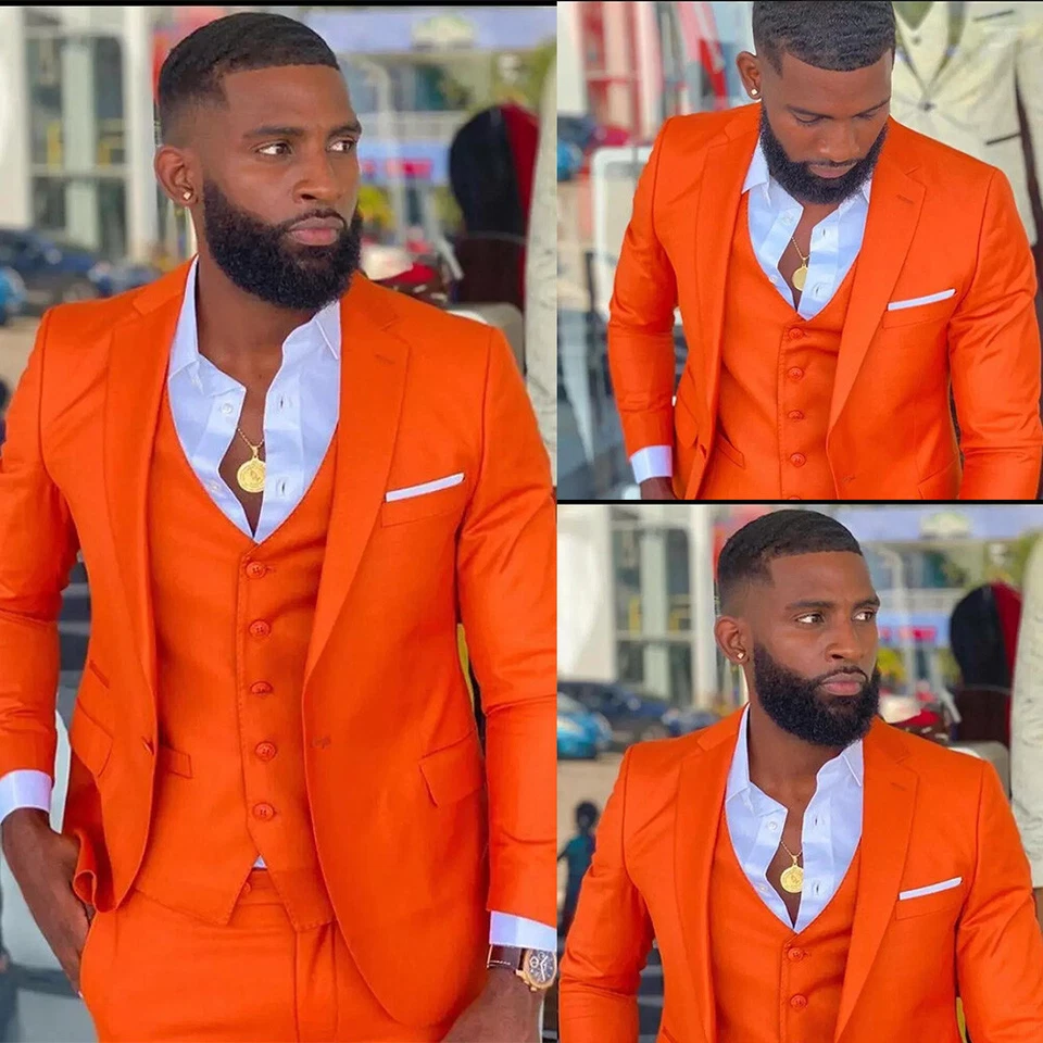 3 Pcs Orange Men Suits Fashion Formal Business Tuxedos Wedding Groom Blazers - Image 3 of 4