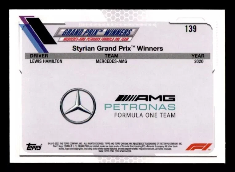 2021 Topps Chrome Formula 1 Saphire Refractor #139 Lewis Hamilton GP Winner - Image 2 of 2
