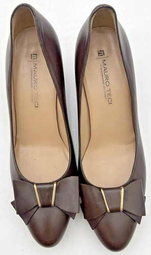 MAURO TECI BROWN LEATHER HEELS WITH BOW ON TOE WOMEN'S 39.5 MADE IN ITALY - Picture 6 of 16