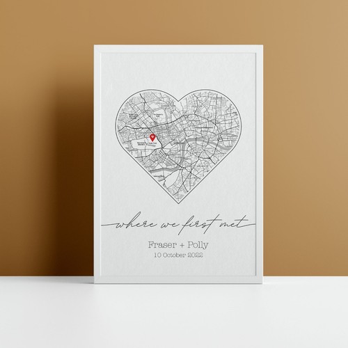 Where We First Met Personalised Heart Map Print of City Custom Poster with Frame - Picture 4 of 15