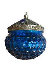Blue Thumbprint Glass Potpourri Scent Jar Bowl Ornate Silver Lid Fairy Mystical