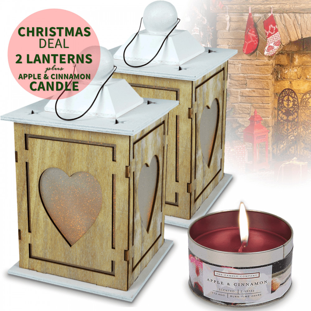 Two Wooden Decor Heart Lanterns Shabby Chic Decor LED Battery Inc Scented Candle