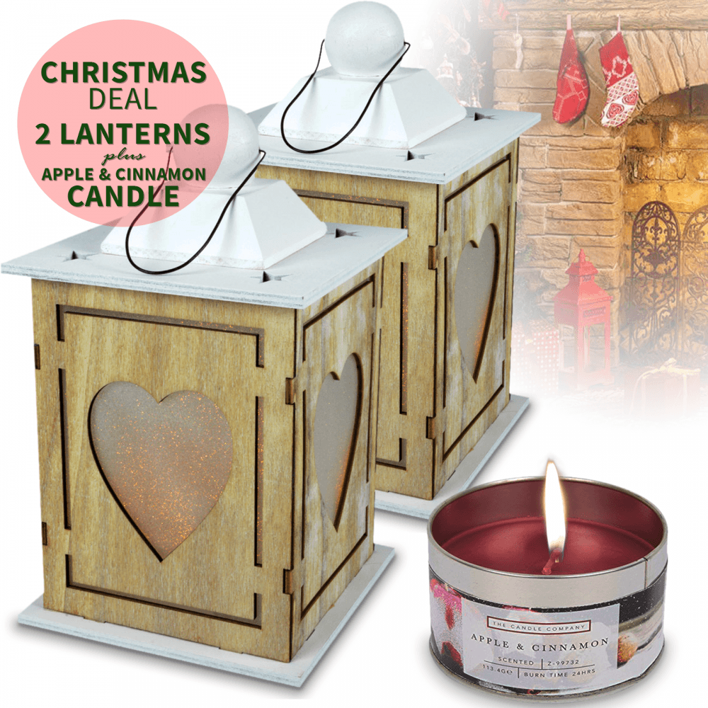 Two Wooden Decor Heart Lanterns Shabby Chic Decor LED Battery Inc Scented Candle