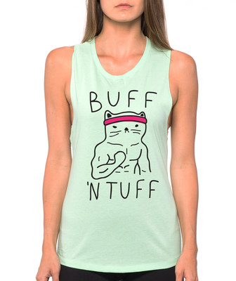 BUFF N TUFF funny cat lifting gym yoga cardio workout Women's Muscle Tank Top