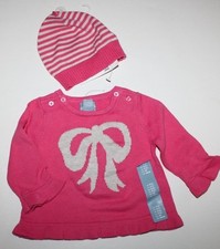baby Gap NWT Girl 3 6 Mo 2 Pc. Set Pink Ruffle Hem Bow Sweater  Striped Hat Cap