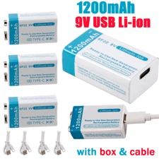 USB 9V 6F22 Battery 1200mAh 9Volt Li-ion Rechargeable Batteries & Cable +Box Lot