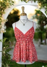 Pink Flower Sheer Babydoll Top High Low Fairy Coquette Y2K Lace Romantic Flowy S