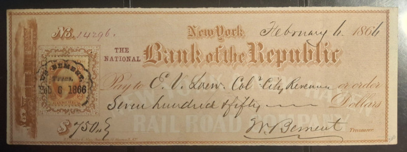 1866 National Bank of the Republic Bank Draft Check $750 Civil War Era Stamped