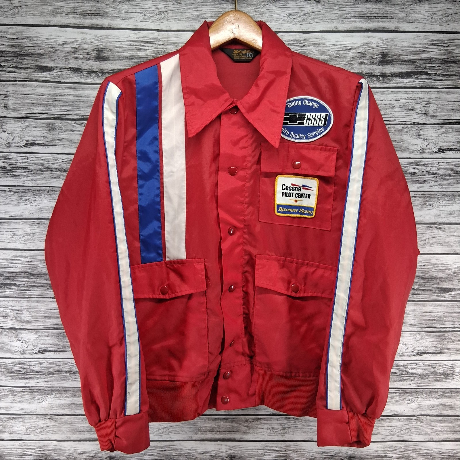 Vintage Swingster Racing Stripe Jacket Mens Large Red Mechanic Chevrolet Snap-On