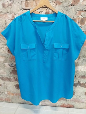 Jaclyn Smith Collection Womens Blouse Top Size XXL Blue Short Sleeve V Neck