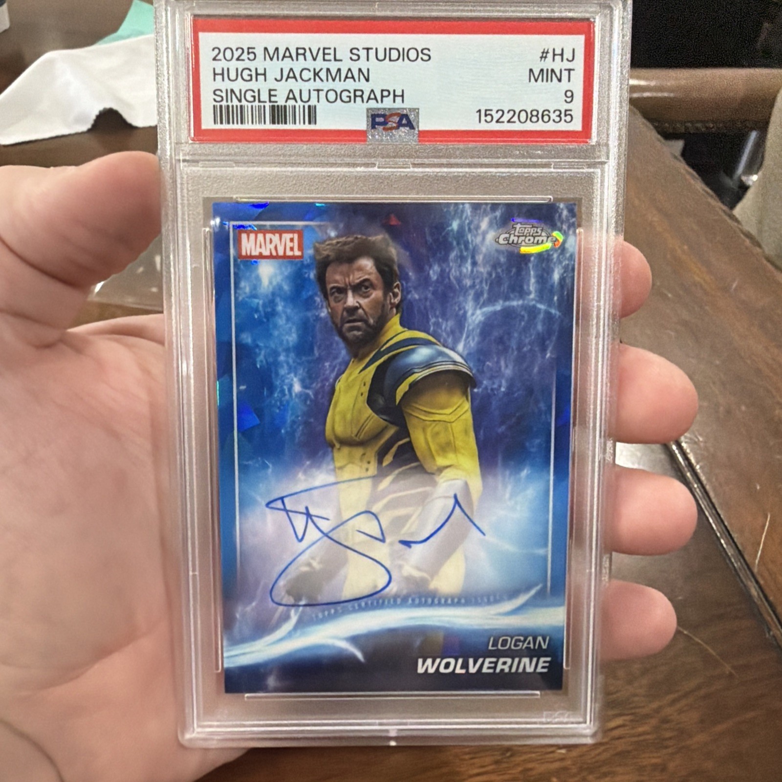 2025 Topps Chrome Marvel Studios Sapphire HUGH JACKMAN Wolverine Auto (PSA 9)