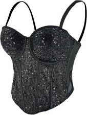 ELLACCI Women's Sequin Sheer Mesh Bustier Corset Tops-Black-X Small