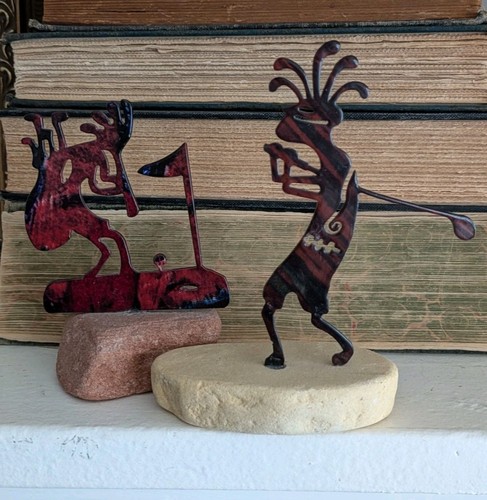 Pair of Kokopelli Dance Metal Art Music of the Southwest Golf Statue Figures