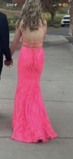 Pink Mermaid Dress Long Sleeveless Lace Up Backless V-Neck Formal Prom Gown