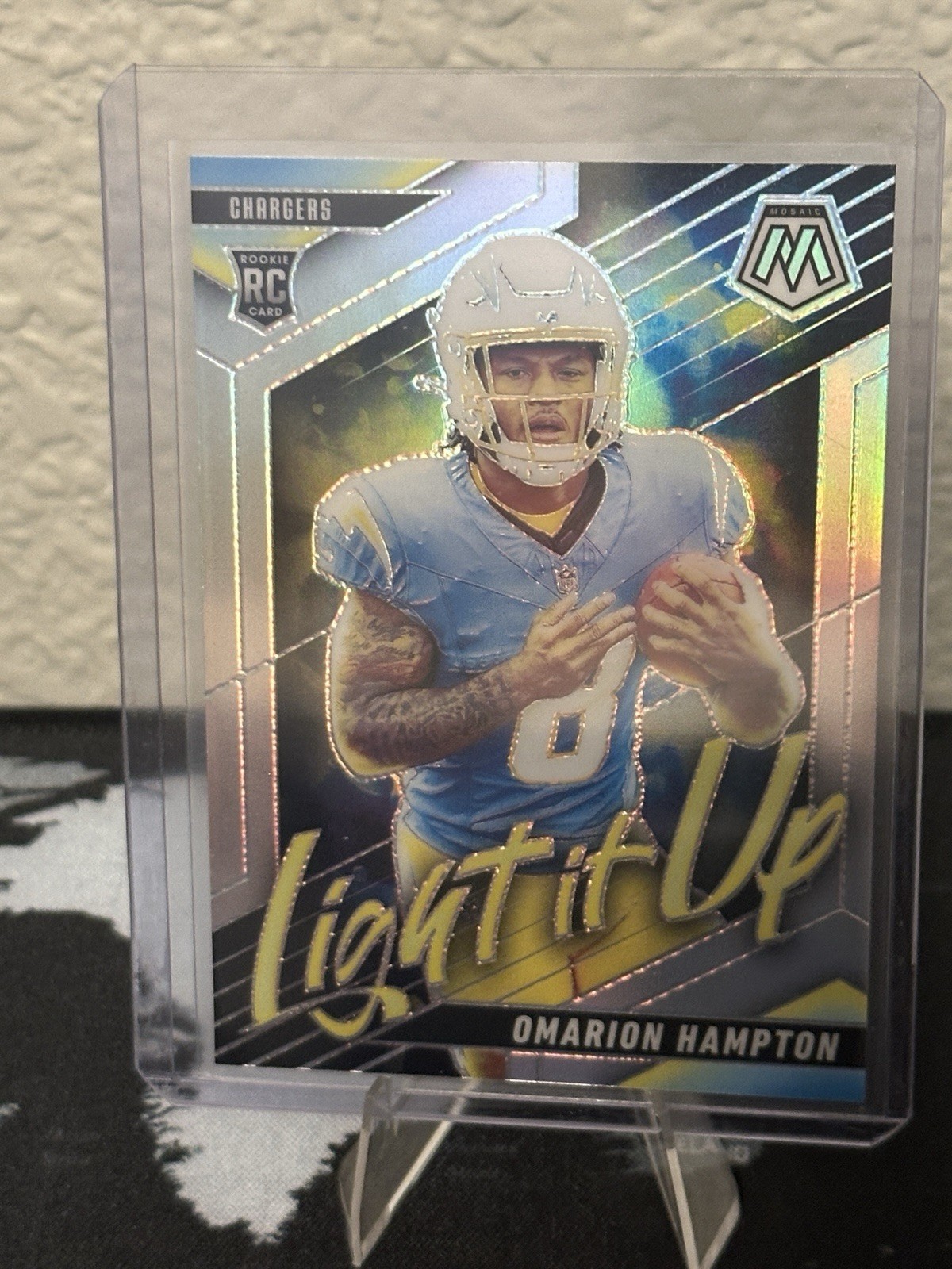 2025 Panini Mosaic Omarion Hampton #12 Light It Up Silver Prizm (RC) Chargers