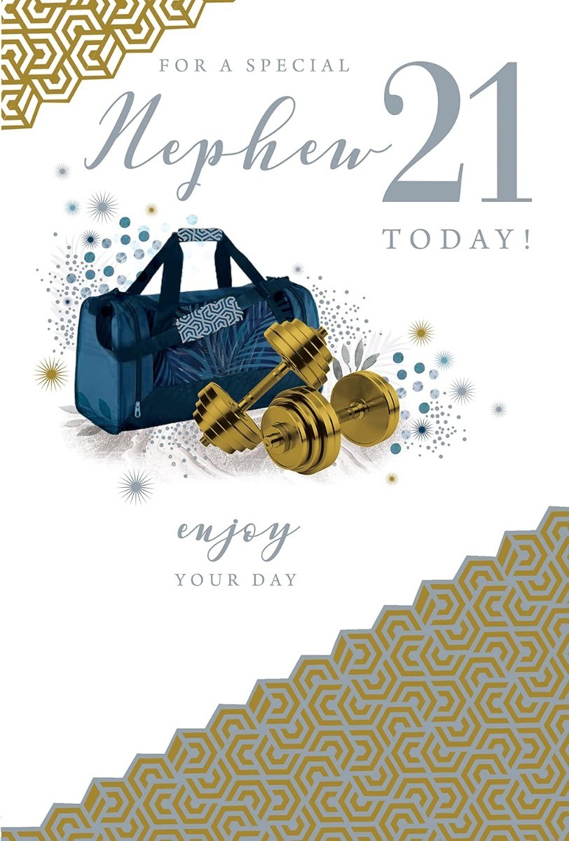 Nephew 21st Birthday Card. Dumbbell Fitness Theme.23x15cm