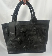 IO PELLE Italy Skull Pebble Leather Medium Tote Halloween Bag Black Crossbody 