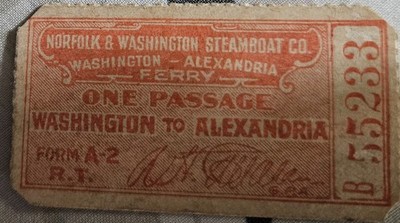 Antique Norfolk & Washington Steamboat Co Ticket Washington to Alexandria Ferry
