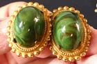 Beautiful Signed Miriam Haskell Gold-Tone Screw Back Green Swirl Stone Earrings