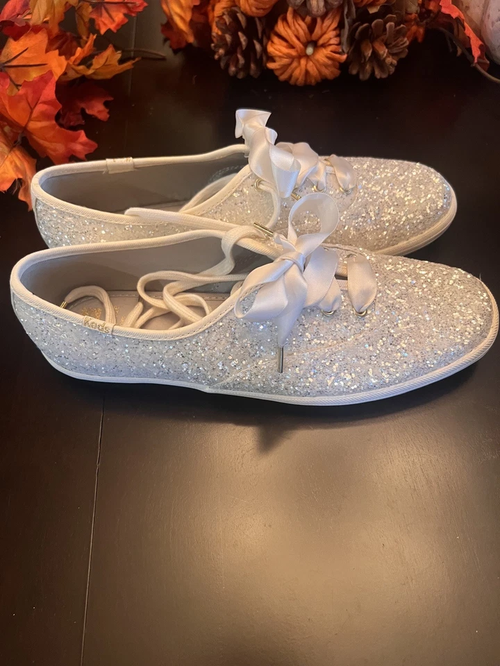 Keds Kate Spade Champion Glitter 🤍 Sneakers US 8.5, white Satin Ribbon NEW - Image 2 of 4