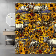 Western Cattle and Sunflower Shower Curtain, Cow Floral Print
