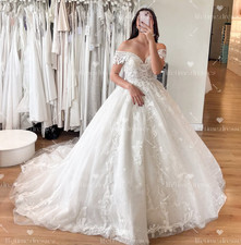 Off Shoulder Wedding Dresses White Ivory Lace up Sweep Train Bridal Gowns